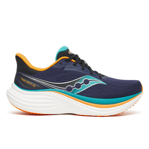 Navy running shoe with teal and orange accents on a white background