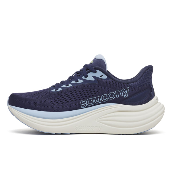 Black running shoe with white sole on a white background