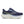 Navy running shoe with white sole on a white background