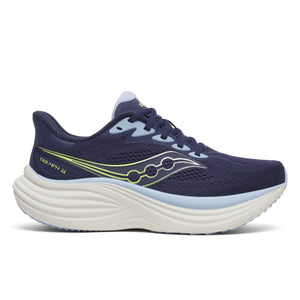 Navy running shoe with white sole on a white background