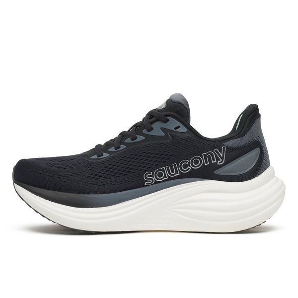 Black and gray running shoe with white sole on a white background and the Saucony brand logo on the medial side.