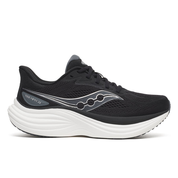 Gray running shoe with white sole on a light gray background