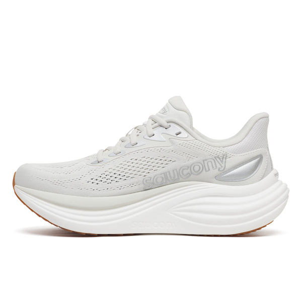 White running shoe with ' Saucony' branding on a white background