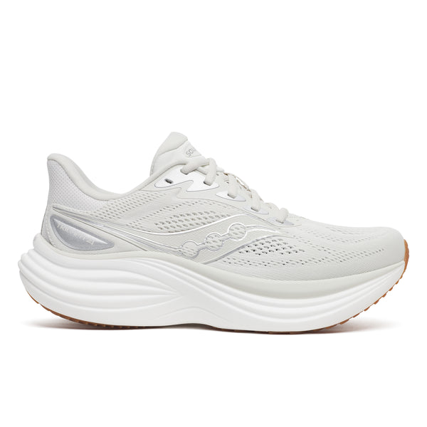 White running shoe with brown sole on a white background