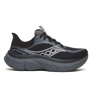 A Saucony Paramount max running shoe with a black upper and black midsole.