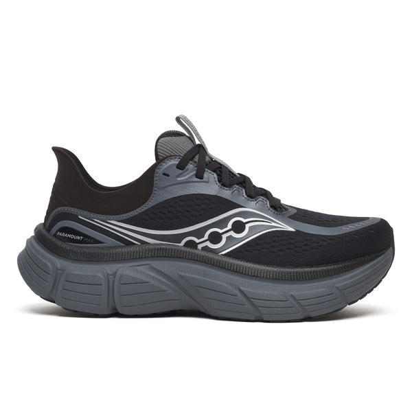A Saucony Paramount max running shoe with a black upper and black midsole.