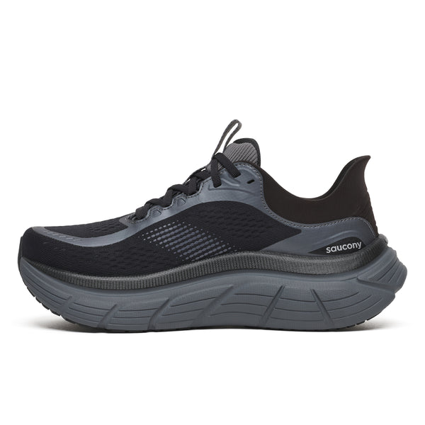 Gray and black running shoe with 'Saucony' branding on a white background