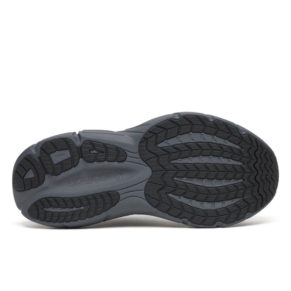 Gray and black shoe sole with 'Saucony' branding on a white background
