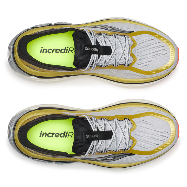Two views of Saucony running shoes with 'incrediiR' branding on a white background