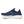Blue running shoe with white sole on a white background