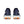 Pair of navy running shoes with orange soles on a white background