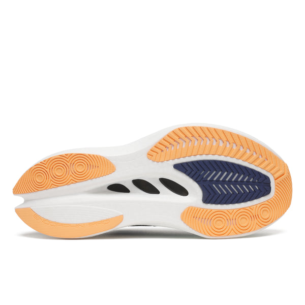 Sole of a white sneaker with orange and blue accents on a white background
