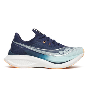 Navy and light blue running shoe on a white background