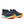 Pair of navy running shoes with orange and teal accents on a white background