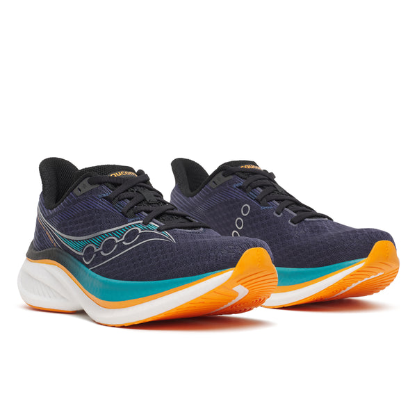 Pair of navy running shoes with orange and teal accents on a white background