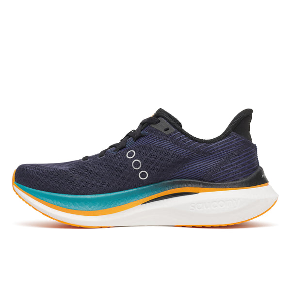 Navy running shoe with orange and teal accents on a white background
