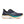 Navy and teal running shoe with white sole on a white background