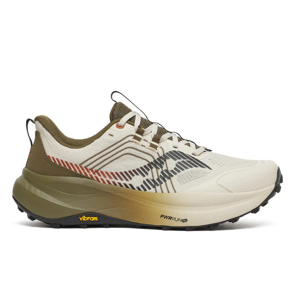 White and brown running shoe with visible branding on a white background