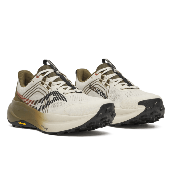 White and brown running shoe with visible branding on a white background