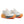 White running shoe with orange and gray sole on a white background