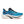 Blue, white, black, and orange running shoe on a white background