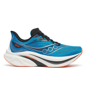 Blue, white, black, and orange running shoe on a white background