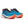 Blue, white, black, and orange running shoe on a white background