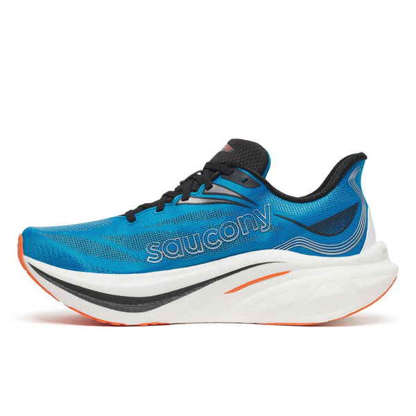 Blue, white, black, and orange running shoe on a white background