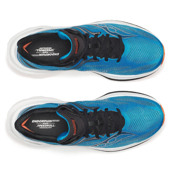 Blue, white, black, and orange running shoe on a white background
