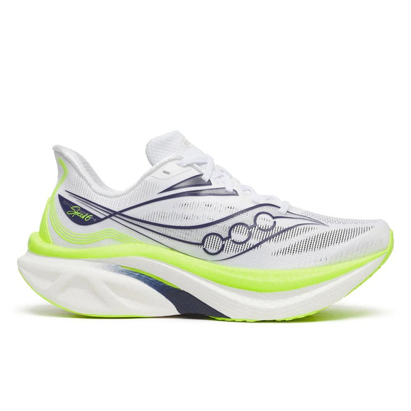 Neon yellow, white, and black running shoe on a white background