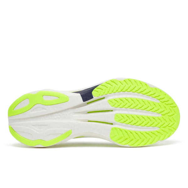 Neon yellow, white, and black running shoe on a white background