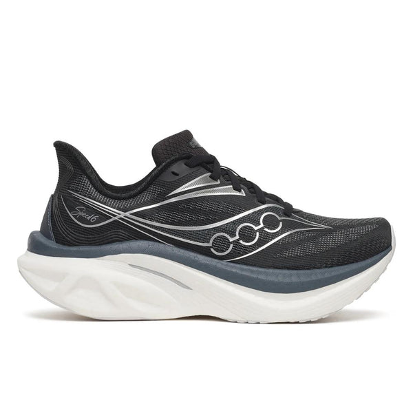Black, white, and silver running shoe n a white background