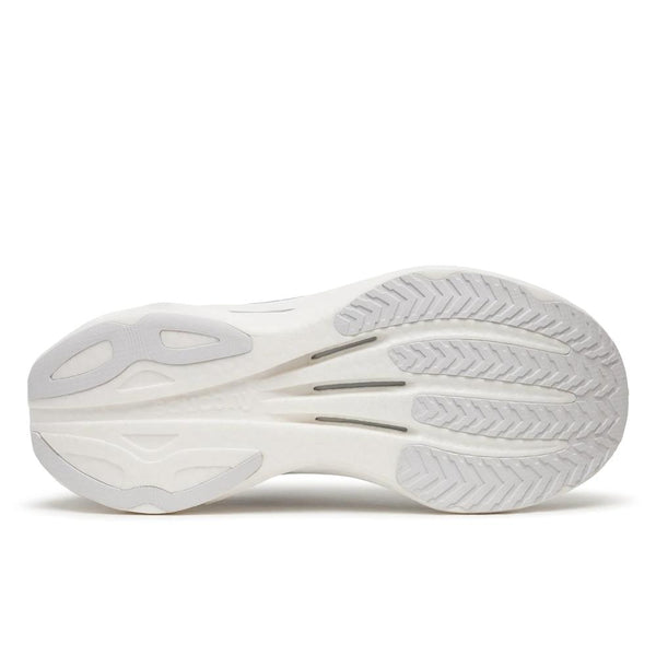 Black, white, and silver running shoe n a white background