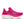 Fuchsia, white, and silver running shoe on a white background