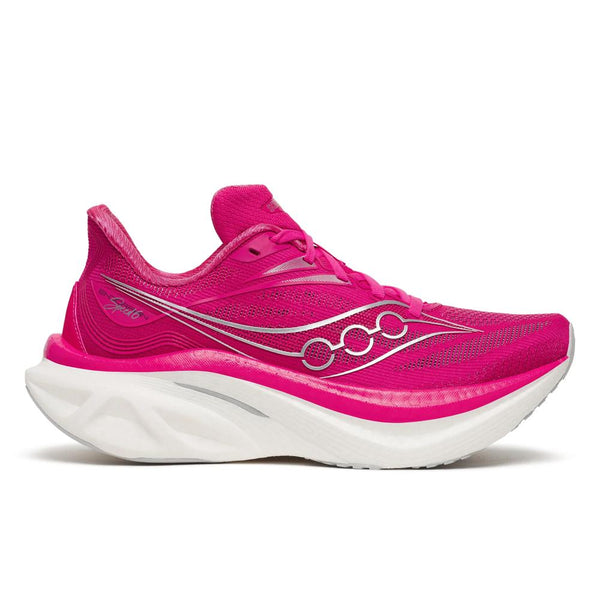 Fuchsia, white, and silver running shoe on a white background