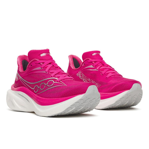 Fuchsia, white, and silver running shoe on a white background
