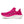 Fuchsia, white, and silver running shoe on a white background