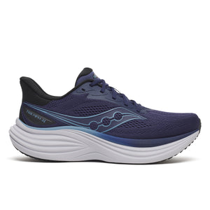 Navy running shoe with white sole on a white background
