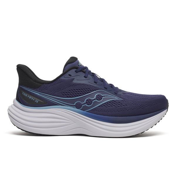Navy running shoe with white sole on a white background