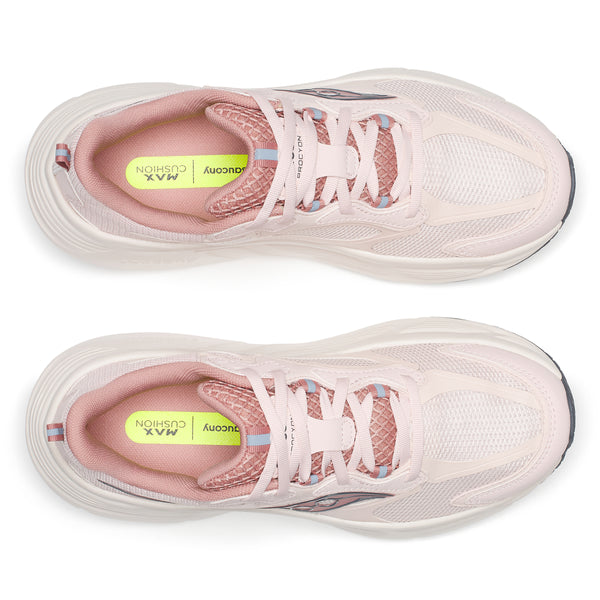 Pair of pink running shoes with a white sole on a white background
