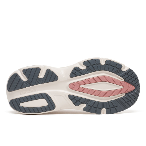 Close-up of a shoe sole with a white and blue tread pattern on a white background