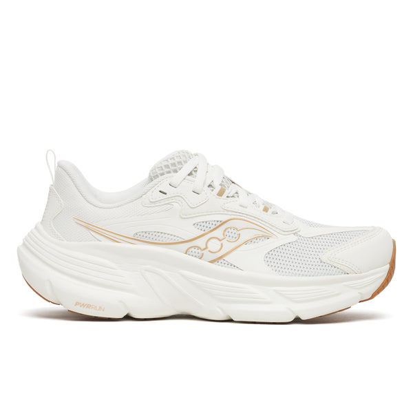 White running shoe with brand logo on a white background
