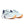 Pair of light blue running shoes with orange soles on a white background