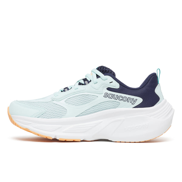 Light blue running shoe with white sole on a white background