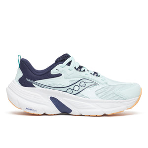 Light blue and navy running shoe on a white background