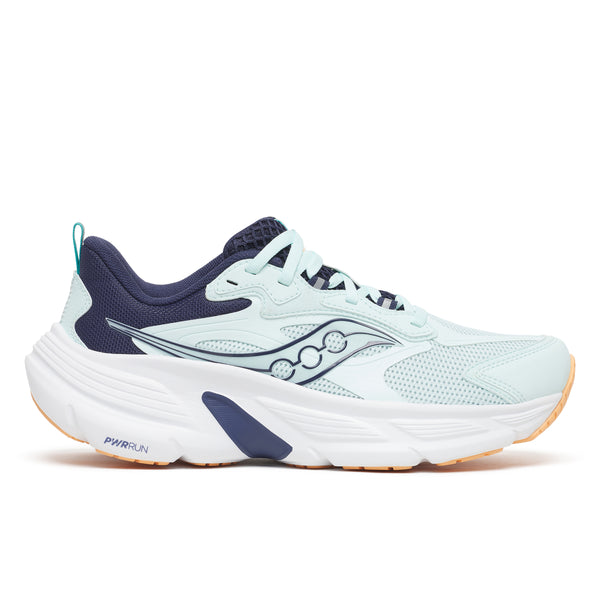 Light blue and navy running shoe on a white background