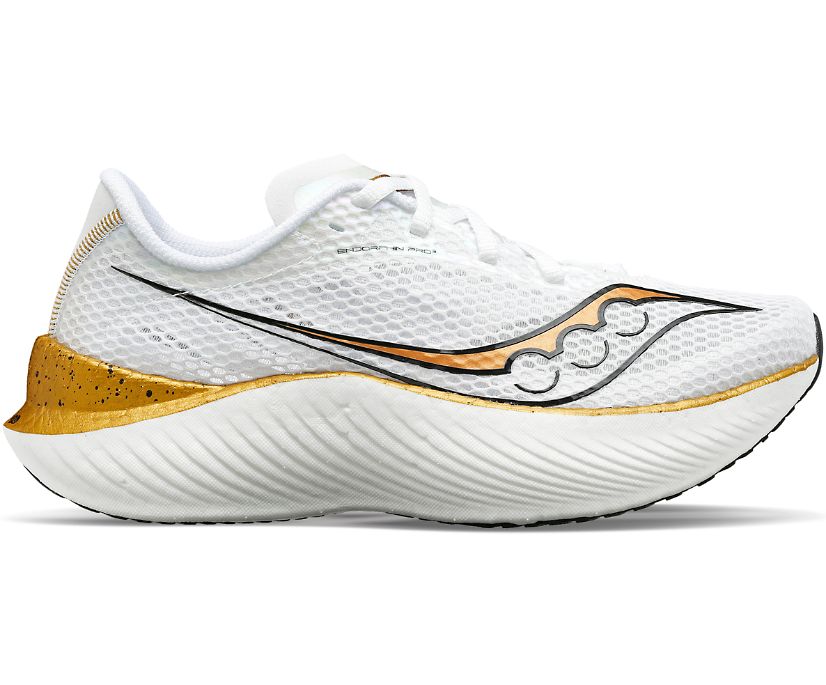 Lateral view of the Women's Endorphin Pro 3 in White/Gold