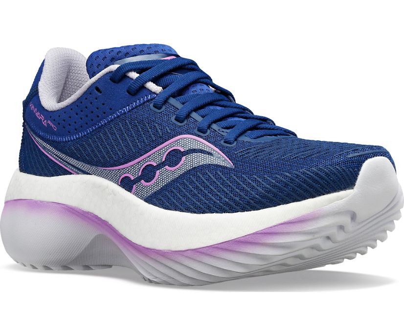 Front angle view of the Women's Kinvara Pro in Indigo/Mauve