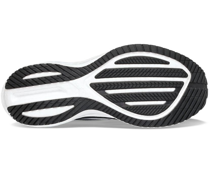 Bottom (outer sole) view of the Men's Saucony Triumph 21 in the wide 2E width, color Black/White