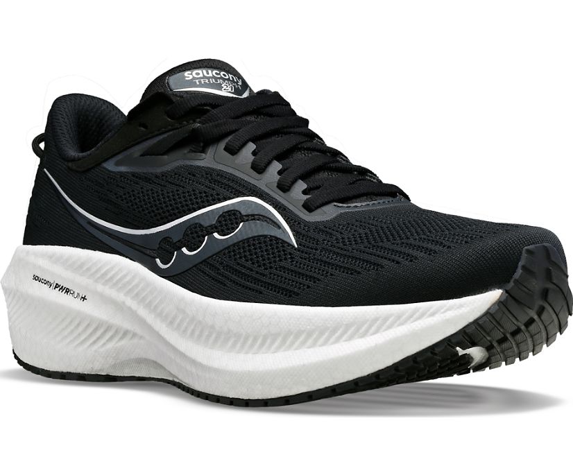 Front angle view of the new Saucony Women's Triumph 21 in Black and white